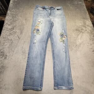 Black Daisy Jeans Juniors 15 Blue Straight Mid Rise Embroidered Floral